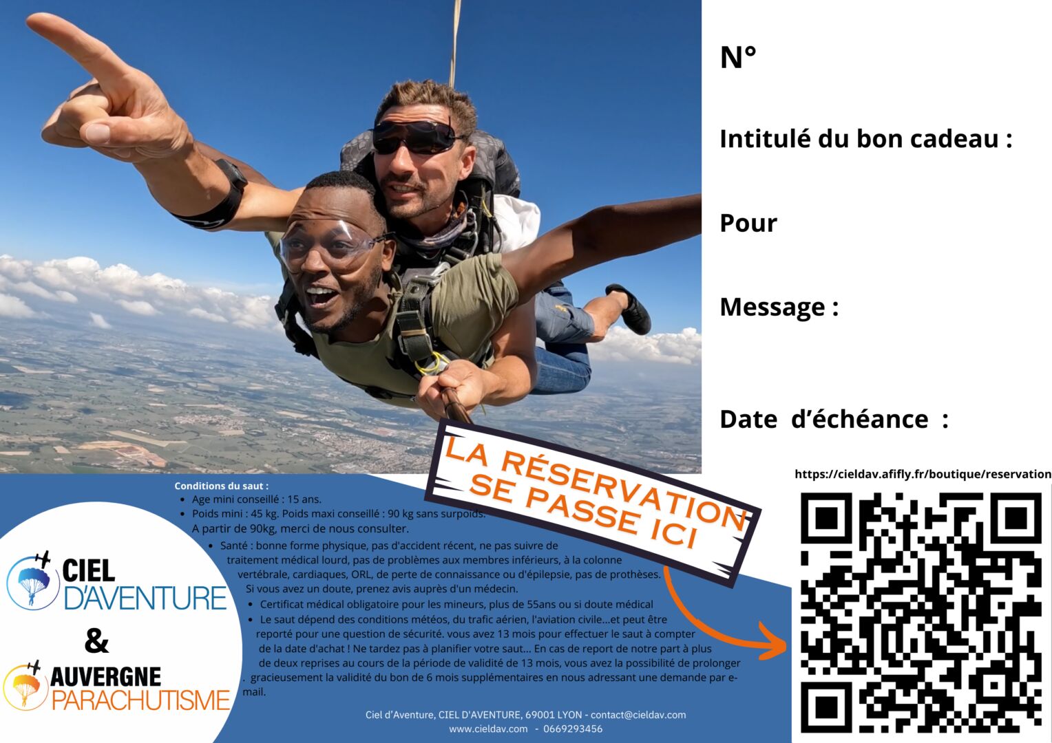 bon cadeau parachute ciel d'aventure en Auvergne